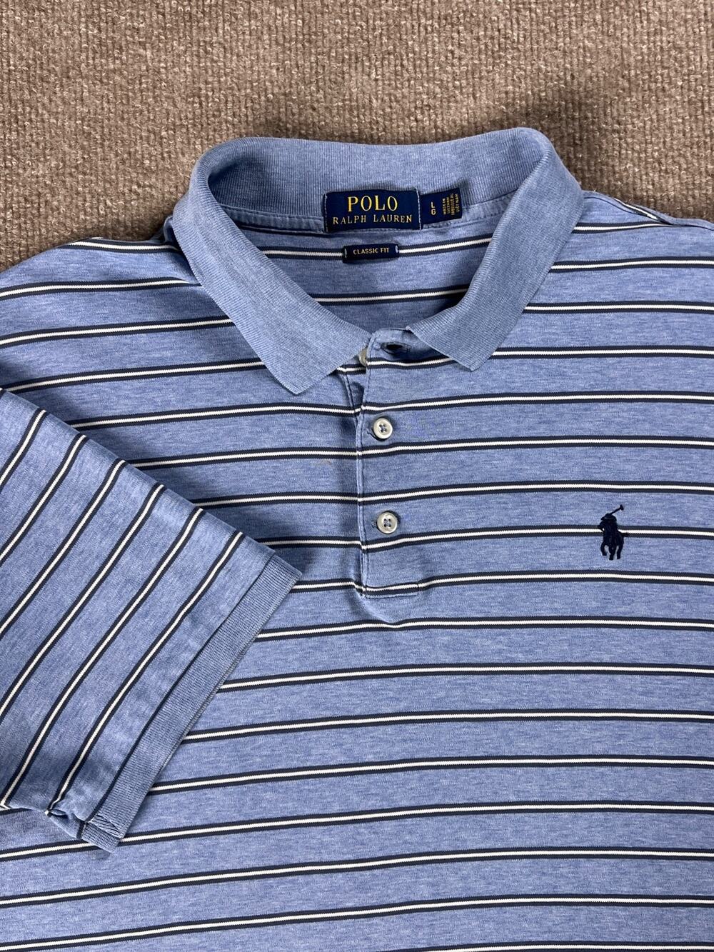 Polo Ralph Lauren Polo Shirt Blue Navy Striped Classic Fit Cotton Mens Large